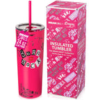 Officially licensed Mean Girls Burn Book 24-ounce insulated stainless steel tumbler with removable lid and two reusable straws.