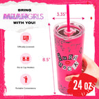 Officially licensed Mean Girls Burn Book 24-ounce insulated stainless steel tumbler with removable lid and two reusable straws.