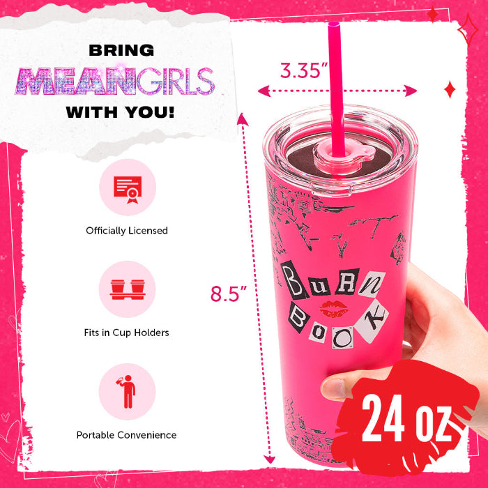 Officially licensed Mean Girls Burn Book 24-ounce insulated stainless steel tumbler with removable lid and two reusable straws.