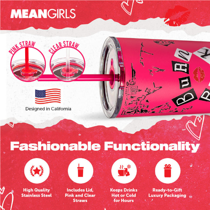 Pink stainless steel can with straw design, featuring 'Mean Girls' branding and text about product features.