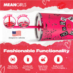 Pink stainless steel can with straw design, featuring 'Mean Girls' branding and text about product features.