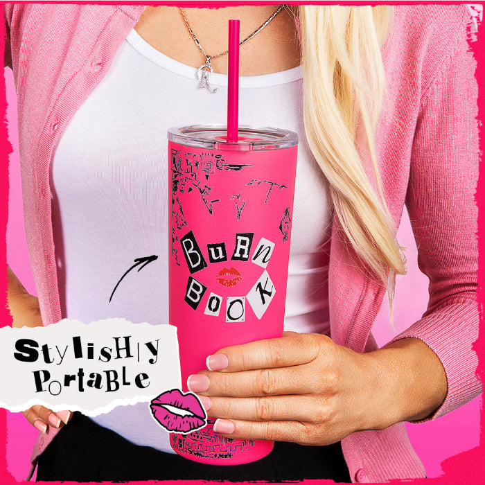 Officially licensed Mean Girls Burn Book 24-ounce insulated stainless steel tumbler with removable lid and two reusable straws.