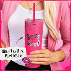 Officially licensed Mean Girls Burn Book 24-ounce insulated stainless steel tumbler with removable lid and two reusable straws.