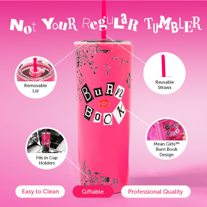 Officially licensed Mean Girls Burn Book 24-ounce insulated stainless steel tumbler with removable lid and two reusable straws.