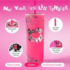 Officially licensed Mean Girls Burn Book 24-ounce insulated stainless steel tumbler with removable lid and two reusable straws.