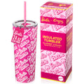 Officially licensed Barbie™ Palm Trees 24 oz insulated stainless steel tumbler by Dragon Drinkware with removable lid, pink straw, and clear straw.