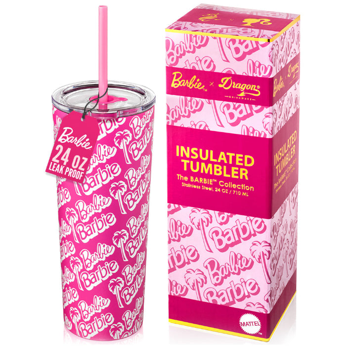 Officially licensed Barbie™ Palm Trees 24 oz insulated stainless steel tumbler by Dragon Drinkware with removable lid, pink straw, and clear straw.