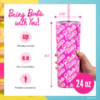 Officially licensed Barbie™ Palm Trees 24 oz insulated stainless steel tumbler by Dragon Drinkware with removable lid, pink straw, and clear straw.