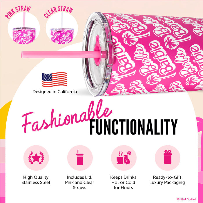 Officially licensed Barbie™ Palm Trees 24 oz insulated stainless steel tumbler by Dragon Drinkware with removable lid, pink straw, and clear straw.