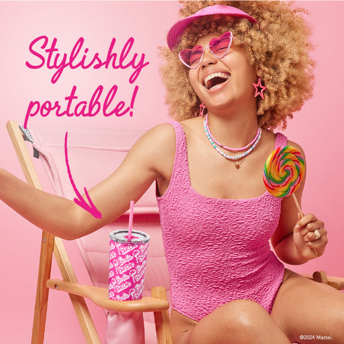 Officially licensed Barbie™ Palm Trees 24 oz insulated stainless steel tumbler by Dragon Drinkware with removable lid, pink straw, and clear straw.