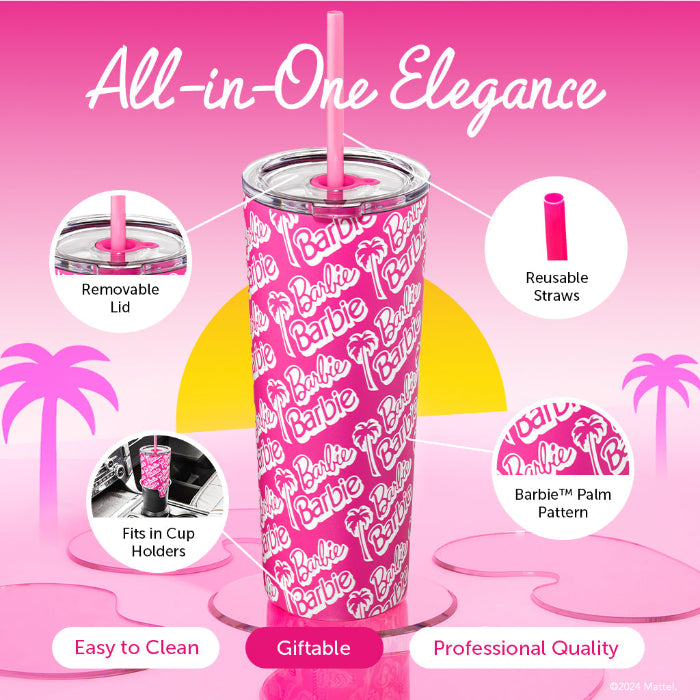 Officially licensed Barbie™ Palm Trees 24 oz insulated stainless steel tumbler by Dragon Drinkware with removable lid, pink straw, and clear straw.