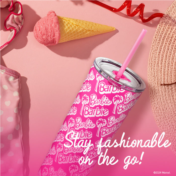 Pink tumbler with Barbie branding on a pink background with ice cream cone and sunglasses.