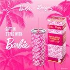 Barbie x Dragon insulated tumbler with packaging on a pink background with palm trees.