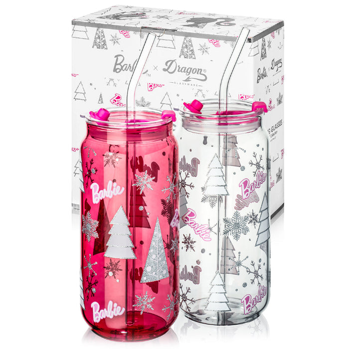 Set of two officially licensed Barbie™ Christmas 20 oz drinking glasses by Dragon Glassware in pink and clear designs with holiday trees, snowflakes, lids, glass straws, and gift box.