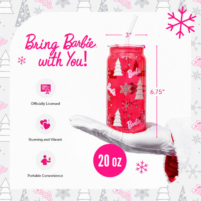Set of two officially licensed Barbie™ Christmas 20 oz drinking glasses by Dragon Glassware in pink and clear designs with holiday trees, snowflakes, lids, glass straws, and gift box.