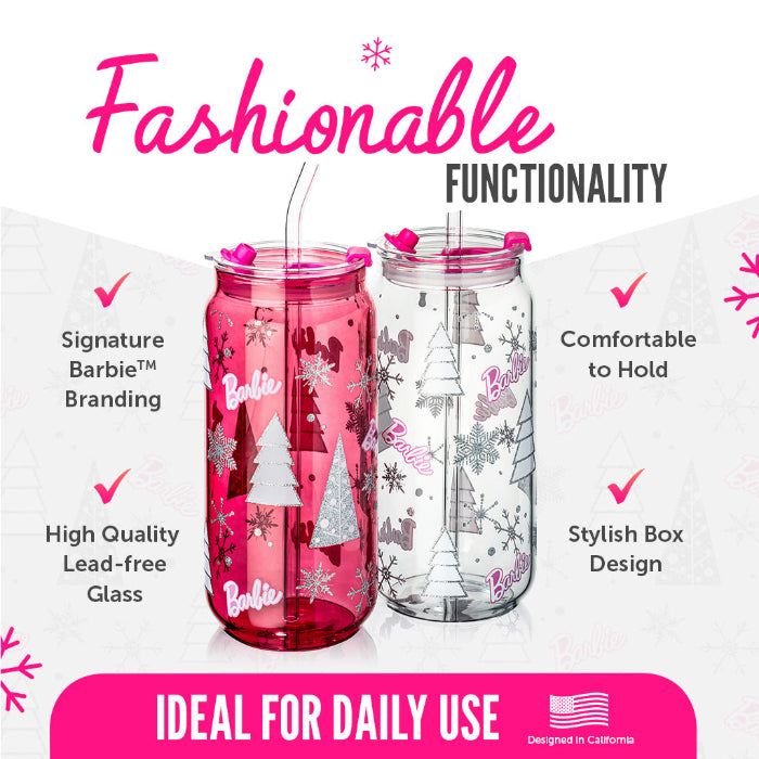 Set of two officially licensed Barbie™ Christmas 20 oz drinking glasses by Dragon Glassware in pink and clear designs with holiday trees, snowflakes, lids, glass straws, and gift box.