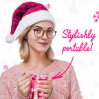 Set of two officially licensed Barbie™ Christmas 20 oz drinking glasses by Dragon Glassware in pink and clear designs with holiday trees, snowflakes, lids, glass straws, and gift box.