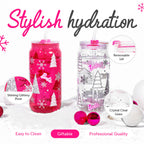 Set of two officially licensed Barbie™ Christmas 20 oz drinking glasses by Dragon Glassware in pink and clear designs with holiday trees, snowflakes, lids, glass straws, and gift box.