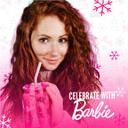Set of two officially licensed Barbie™ Christmas 20 oz drinking glasses by Dragon Glassware in pink and clear designs with holiday trees, snowflakes, lids, glass straws, and gift box.