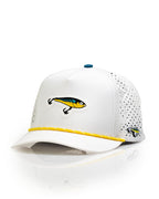 White Pins & Aces Fishing Lure perforated rope golf hat with fishing-inspired design, adjustable snapback, magnetic ball marker holder, and matching golf ball marker.