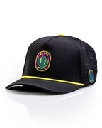 Cactus Black perforated rope golf hat by Pins & Aces featuring a cactus-inspired design, adjustable snapback, built-in magnetic ball marker holder, and matching golf ball marker.