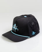 Kraken Black perforated rope golf hat by Pins & Aces featuring an all-black design, braided rope accent, breathable perforated panels, adjustable snapback, and built-in magnetic golf ball marker holder.