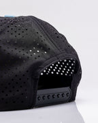 Black Pins & Aces perforated rope golf hat featuring an embroidered rooster on the front, breathable side panels, rope detail, and adjustable snapback design.