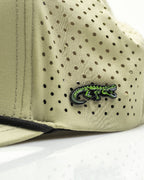 Gator Olive perforated rope golf hat by Pins & Aces featuring an olive green design, breathable perforated panels, adjustable snapback, and built-in magnetic golf ball marker holder.