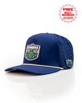 Zynbabwe Country Club Navy perforated rope golf hat by Pins & Aces with adjustable snapback, magnetic ball marker holder, and matching golf ball marker.