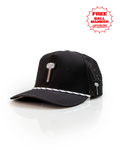 Thor’s Hammer Black perforated rope golf hat by Pins & Aces featuring a hammer-inspired design, adjustable snapback, breathable perforations, and built-in magnetic ball marker holder.