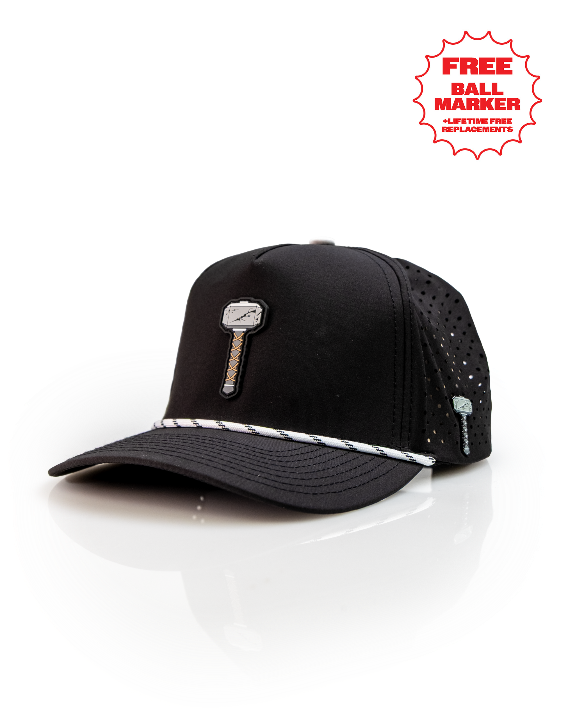 Thor’s Hammer Black perforated rope golf hat by Pins & Aces featuring a hammer-inspired design, adjustable snapback, breathable perforations, and built-in magnetic ball marker holder.