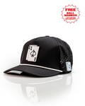 Ace/King Black perforated rope golf hat by Pins & Aces featuring a black poker-inspired design, braided rope accent, adjustable snapback, and built-in magnetic ball marker holder.