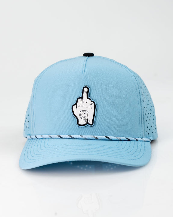 Baby blue Pins & Aces perforated rope golf hat featuring a middle finger design, breathable perforated panels, adjustable snapback, and built-in magnetic golf ball marker holder.