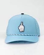 Baby blue Pins & Aces perforated rope golf hat featuring a middle finger design, breathable perforated panels, adjustable snapback, and built-in magnetic golf ball marker holder.