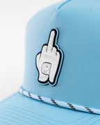 Baby blue Pins & Aces perforated rope golf hat featuring a middle finger design, breathable perforated panels, adjustable snapback, and built-in magnetic golf ball marker holder.