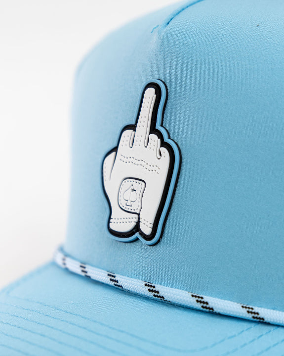 Baby blue Pins & Aces perforated rope golf hat featuring a middle finger design, breathable perforated panels, adjustable snapback, and built-in magnetic golf ball marker holder.