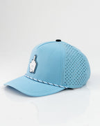 Baby blue Pins & Aces perforated rope golf hat featuring a middle finger design, breathable perforated panels, adjustable snapback, and built-in magnetic golf ball marker holder.