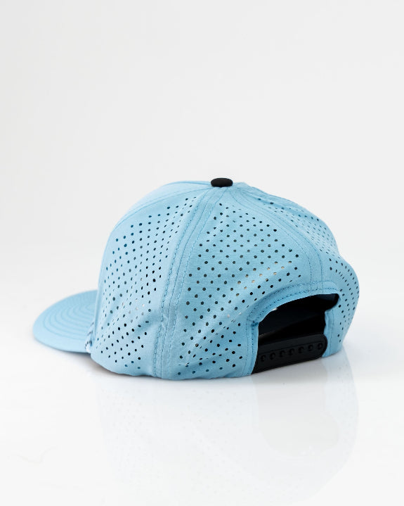 Baby blue Pins & Aces perforated rope golf hat featuring a middle finger design, breathable perforated panels, adjustable snapback, and built-in magnetic golf ball marker holder.