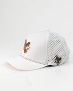 Freedom Eagle White perforated rope golf hat by Pins & Aces featuring a patriotic eagle design, adjustable snapback, magnetic ball marker holder, and matching golf ball marker.