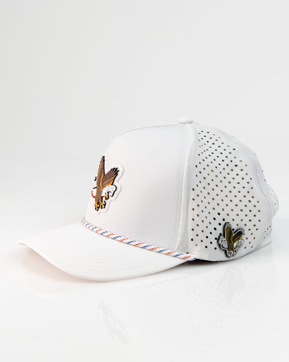Freedom Eagle White perforated rope golf hat by Pins & Aces featuring a patriotic eagle design, adjustable snapback, magnetic ball marker holder, and matching golf ball marker.