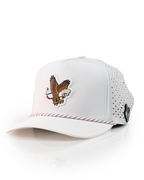 Freedom Eagle White perforated rope golf hat by Pins & Aces featuring a patriotic eagle design, adjustable snapback, magnetic ball marker holder, and matching golf ball marker.
