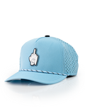 Baby blue Pins & Aces perforated rope golf hat featuring a middle finger design, breathable perforated panels, adjustable snapback, and built-in magnetic golf ball marker holder.