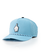 Baby blue Pins & Aces perforated rope golf hat featuring a middle finger design, breathable perforated panels, adjustable snapback, and built-in magnetic golf ball marker holder.
