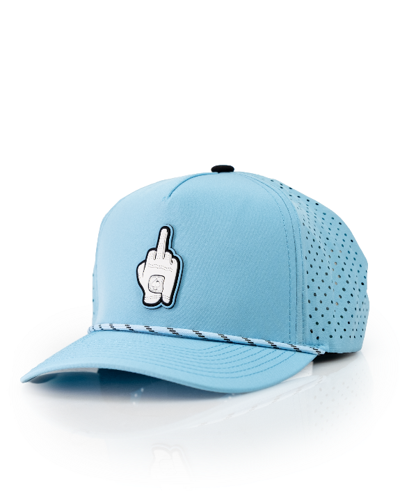 Baby blue Pins & Aces perforated rope golf hat featuring a middle finger design, breathable perforated panels, adjustable snapback, and built-in magnetic golf ball marker holder.
