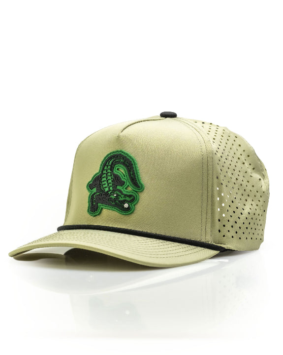 Gator Olive perforated rope golf hat by Pins & Aces featuring an olive green design, breathable perforated panels, adjustable snapback, and built-in magnetic golf ball marker holder.