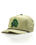 Gator Olive perforated rope golf hat by Pins & Aces featuring an olive green design, breathable perforated panels, adjustable snapback, and built-in magnetic golf ball marker holder.