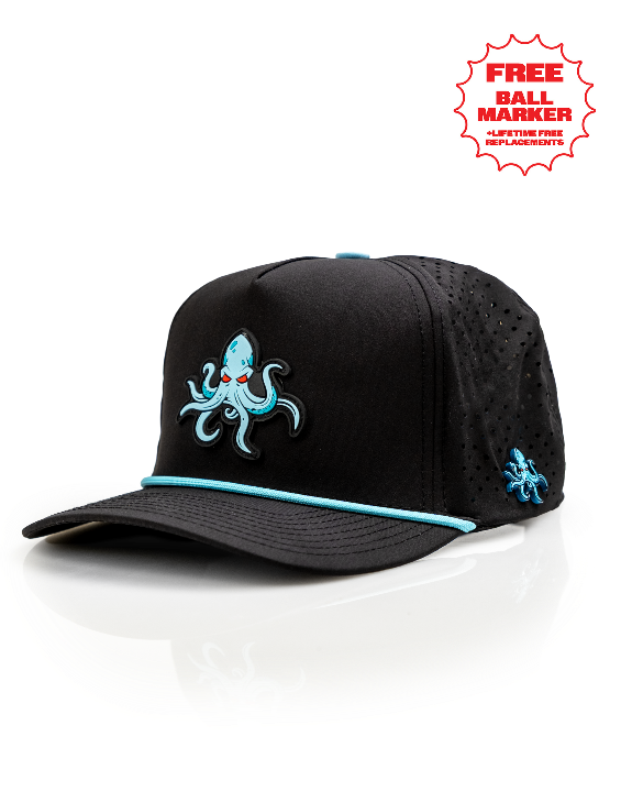 Kraken Black perforated rope golf hat by Pins & Aces featuring an all-black design, braided rope accent, breathable perforated panels, adjustable snapback, and built-in magnetic golf ball marker holder.