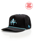 Kraken Black perforated rope golf hat by Pins & Aces featuring an all-black design, braided rope accent, breathable perforated panels, adjustable snapback, and built-in magnetic golf ball marker holder.