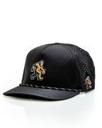 Pins & Aces Sasquatch Black perforated golf rope hat with adjustable snapback, magnetic ball marker holder, and matching golf ball marker.