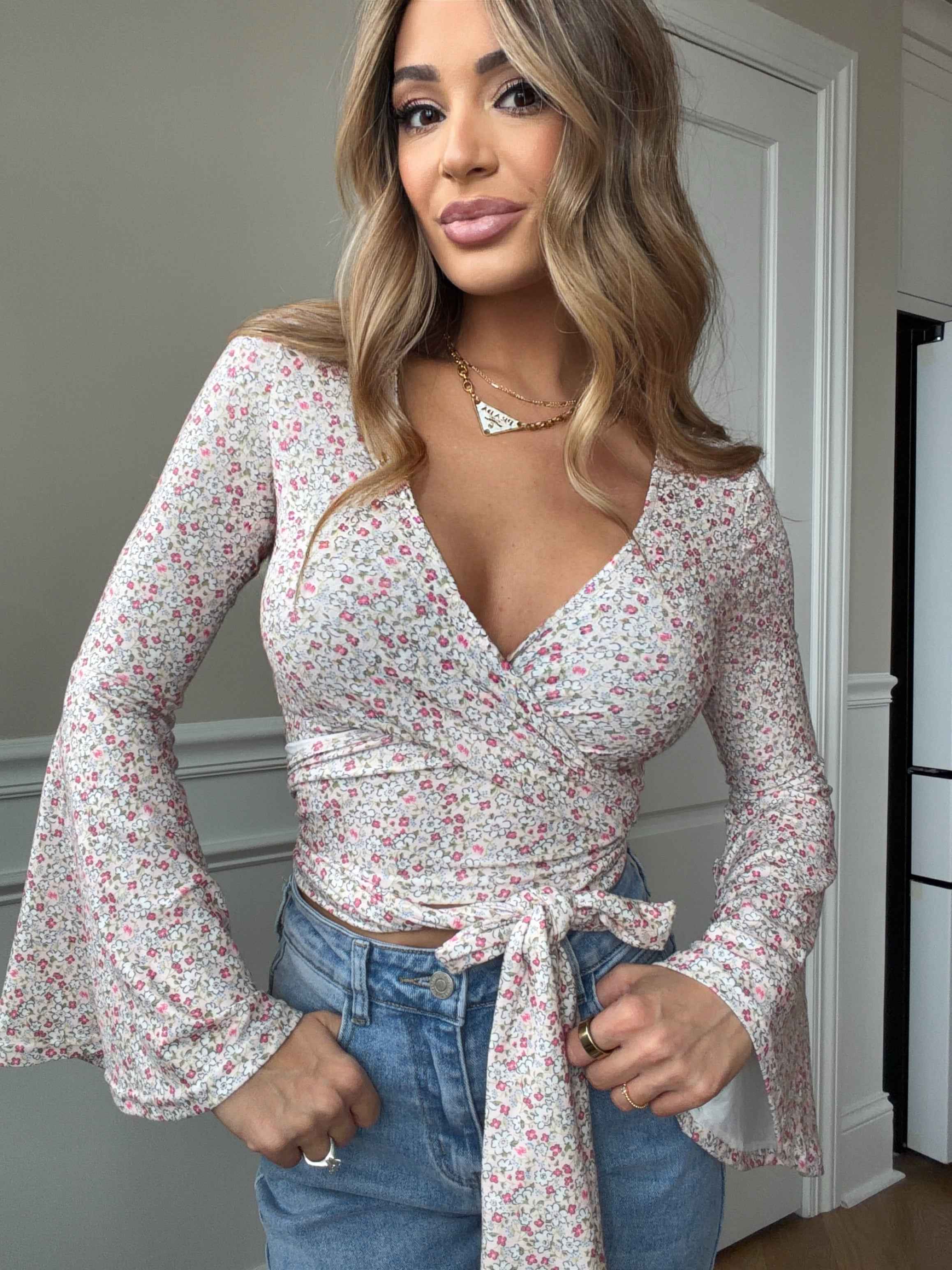 Woodstock Floral Bell Sleeve Wrap Top – Boho V Neck Blouse - 14 Color Options
